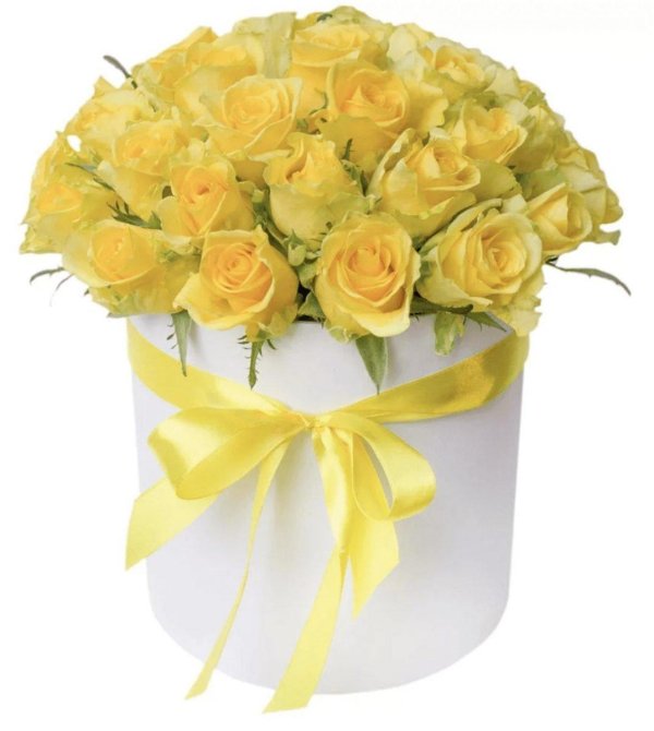 букет в шляпной коробке желтый
