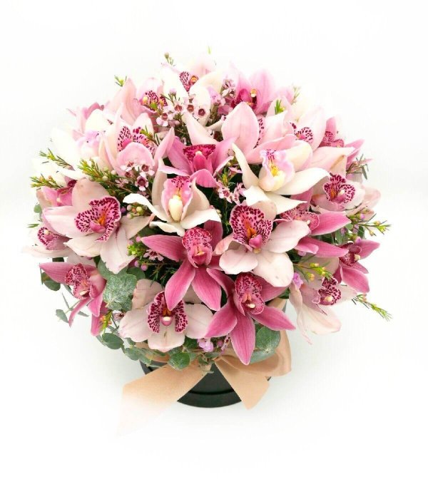 букеты из орхидей в шляпной коробке