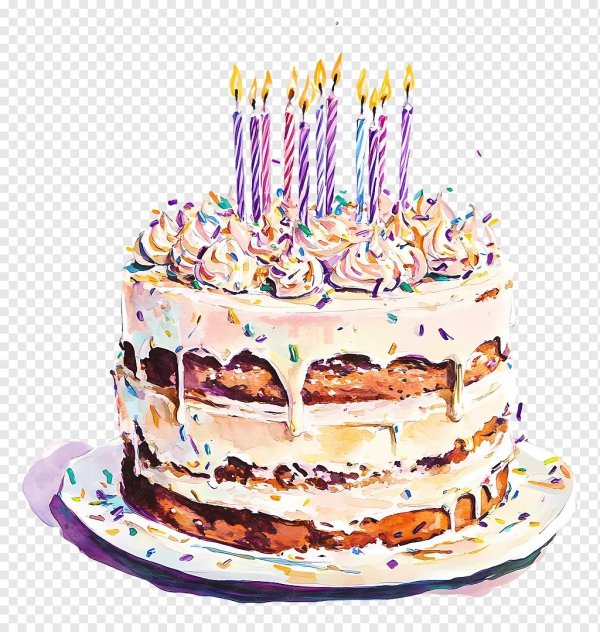 тортик о свечками акварелью на прозрачном фоне