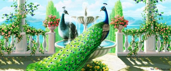 пейзаж с павлинами