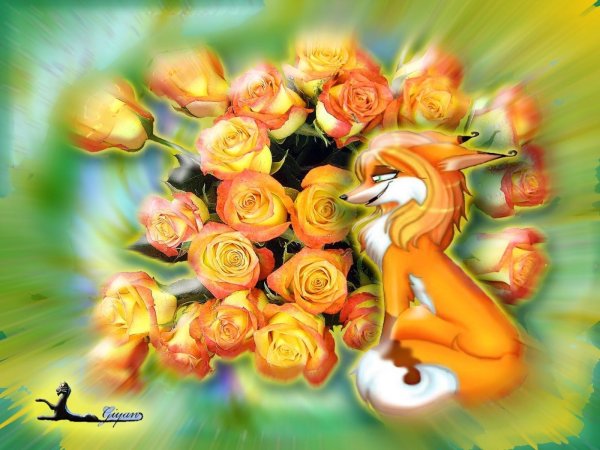 лис с цветами