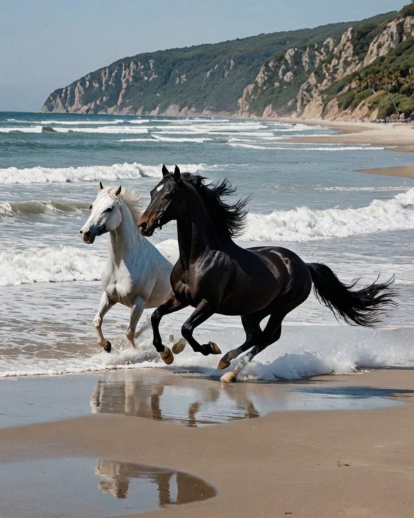 лошади бегут по морю