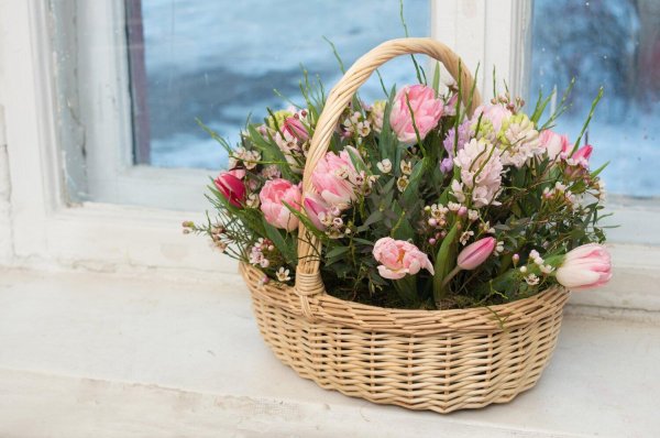 весенние цветы в корзине
