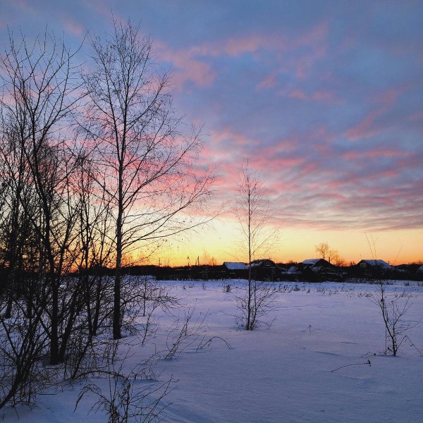 зимний рассвет в деревне