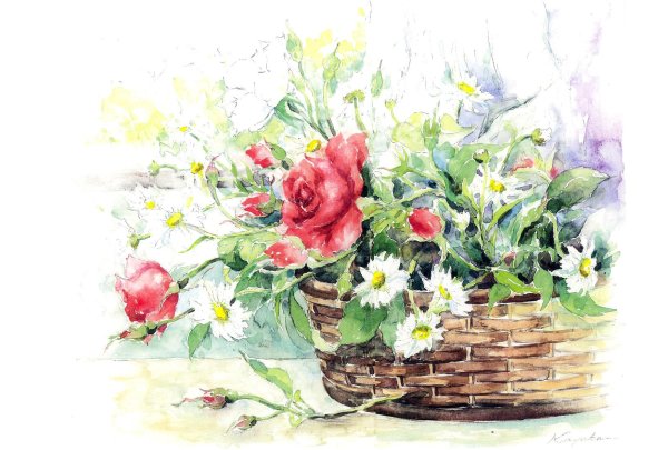 корзина с цветами живопись