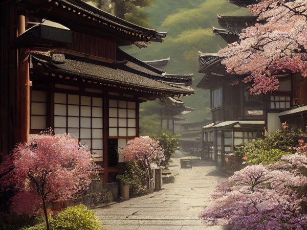 японский пейзаж с сакурой